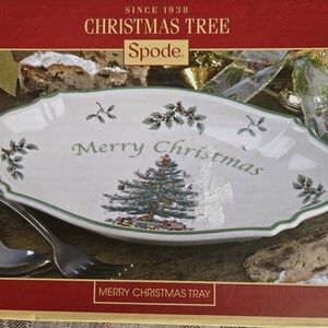 Spode Merry Christmas Tray Oval Dish With Santa Holly Berries Green Trim 11".  N